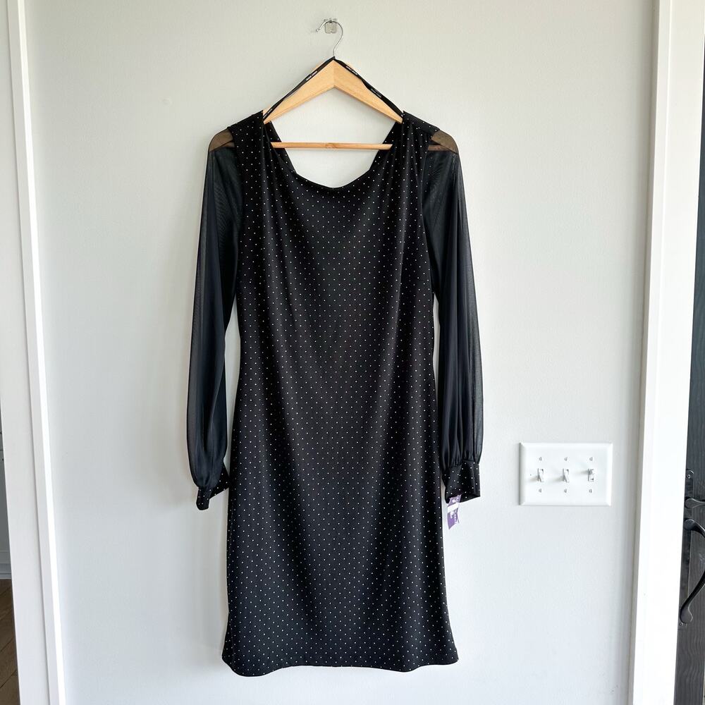 Frank Lyman Polka Dot Semi-Sheer Long Sleeve Mini Dress Black 14 NWT